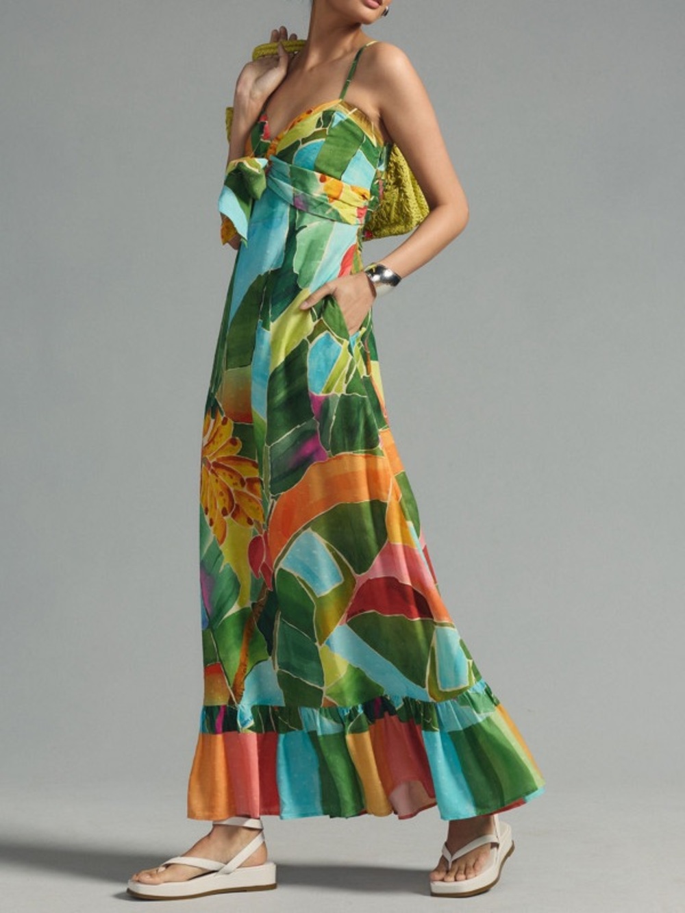 Farm Rio Printed Tropical Leaf Tie-Front Maxi Dress Size S - Picture 3 of 11
